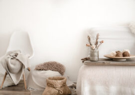 Modern interior with home items . Coziness and comfort at home .